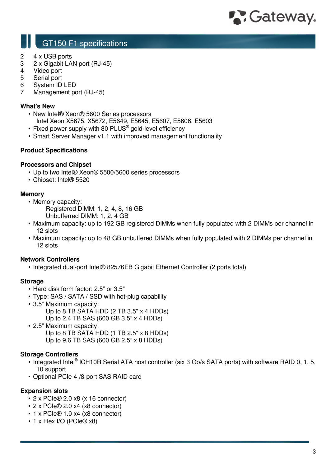 Gateway GT150 F1 Whats New, Product Specifications Processors and Chipset, Memory, Network Controllers, Storage 