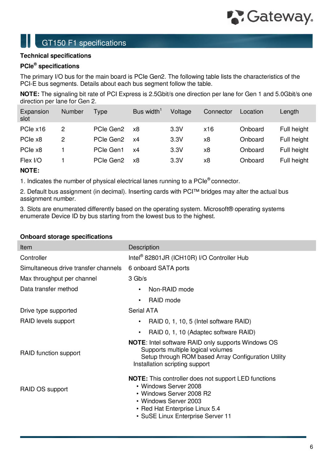 Gateway GT150 F1 Technical specifications PCIe specifications, Onboard storage specifications 