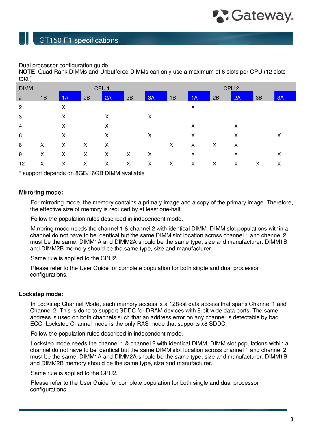 Gateway GT150 F1 specifications Mirroring mode, Lockstep mode 