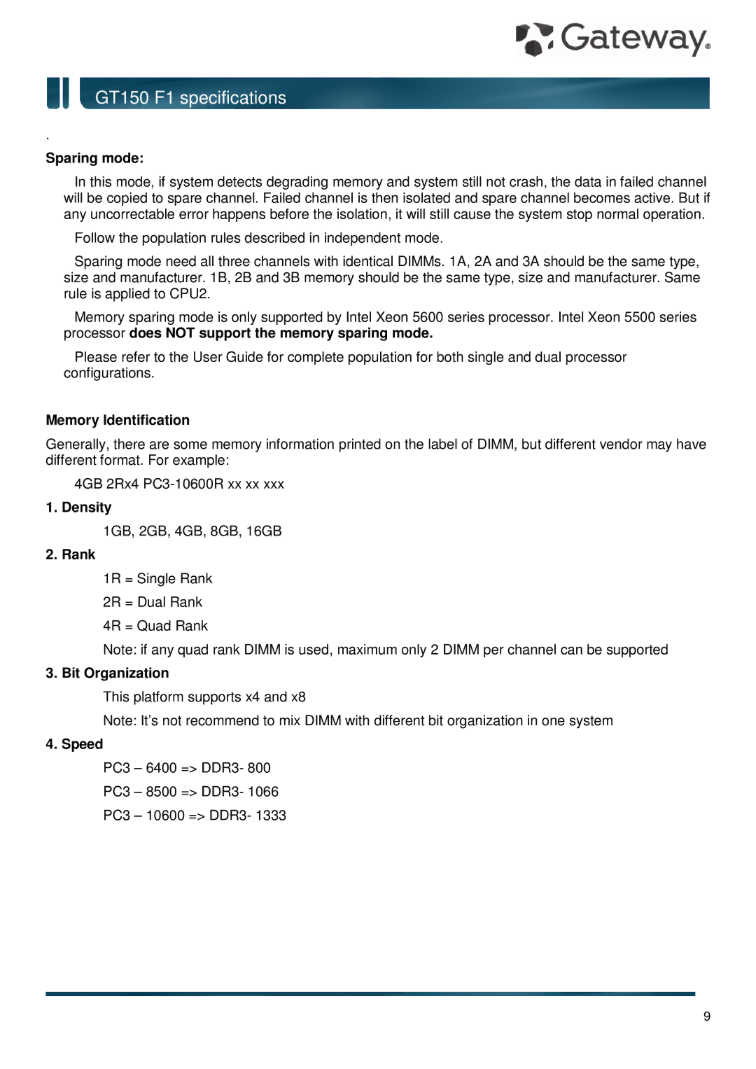 Gateway GT150 F1 specifications Sparing mode, Memory Identification, Density, Rank, Bit Organization, Speed 