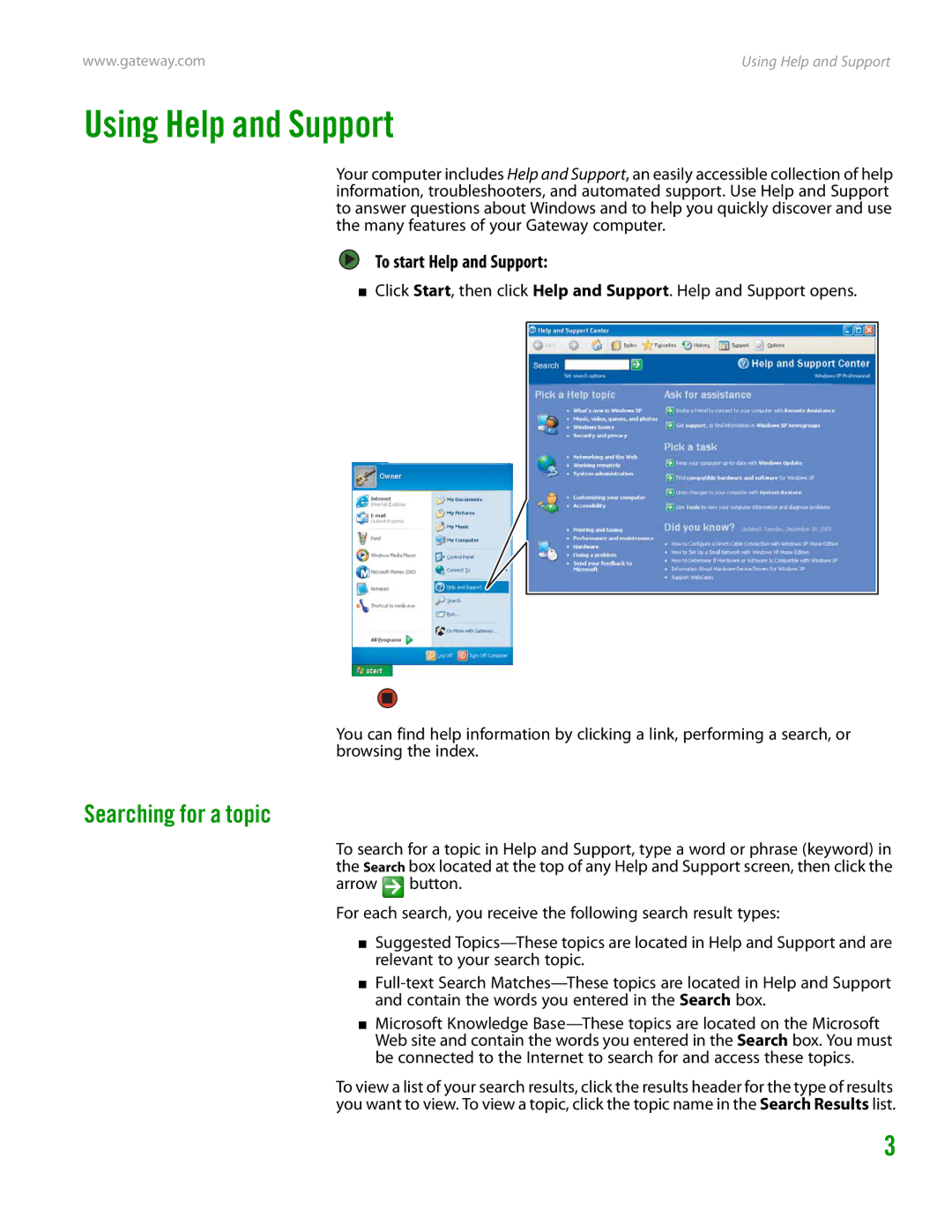 Gateway GT4015H manual Using Help and Support, Searching for a topic, To start Help and Support 