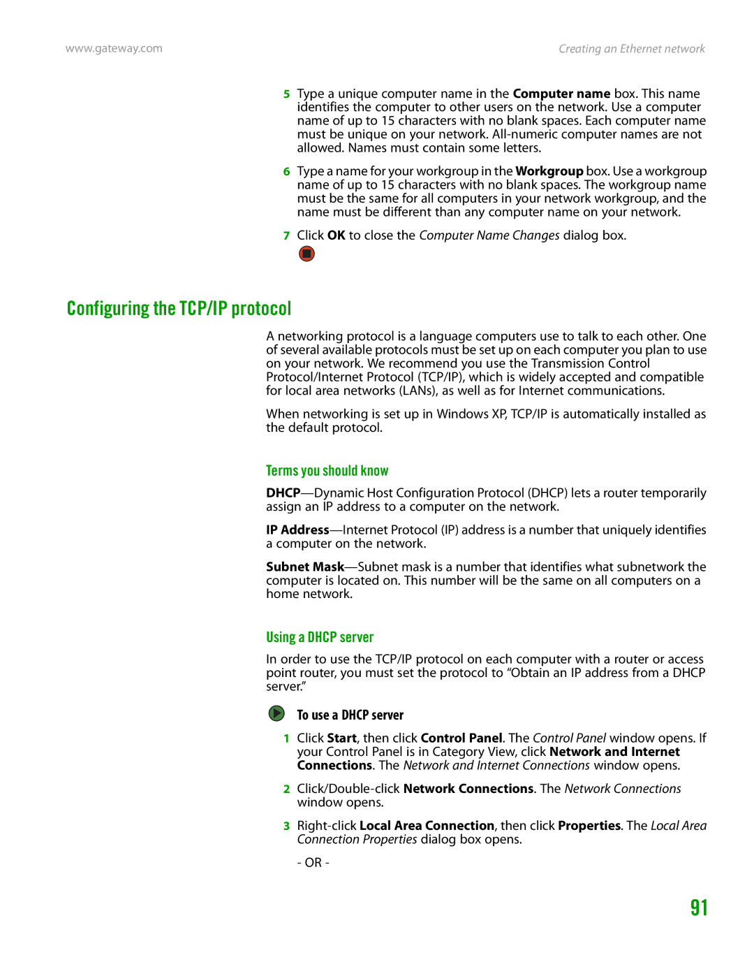 Gateway GT4015H manual Configuring the TCP/IP protocol, Terms you should know, Using a Dhcp server, To use a Dhcp server 