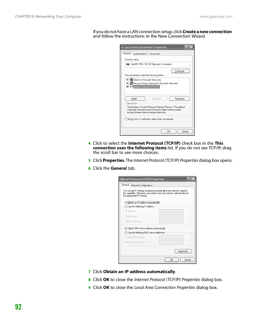 Gateway GT4015H manual Click the General tab, Click Obtain an IP address automatically 