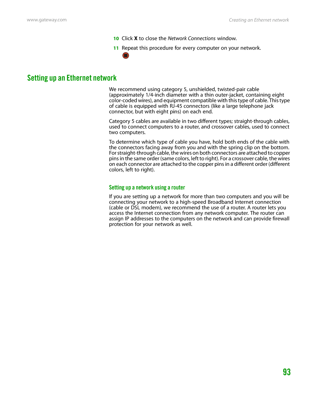 Gateway GT4015H manual Setting up an Ethernet network, Setting up a network using a router 