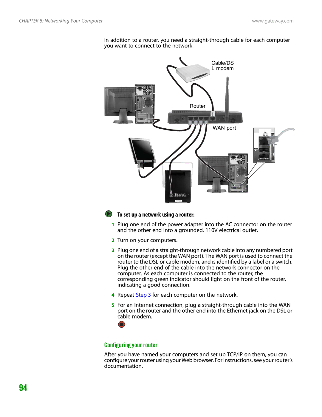 Gateway GT4015H manual To set up a network using a router, Configuring your router 