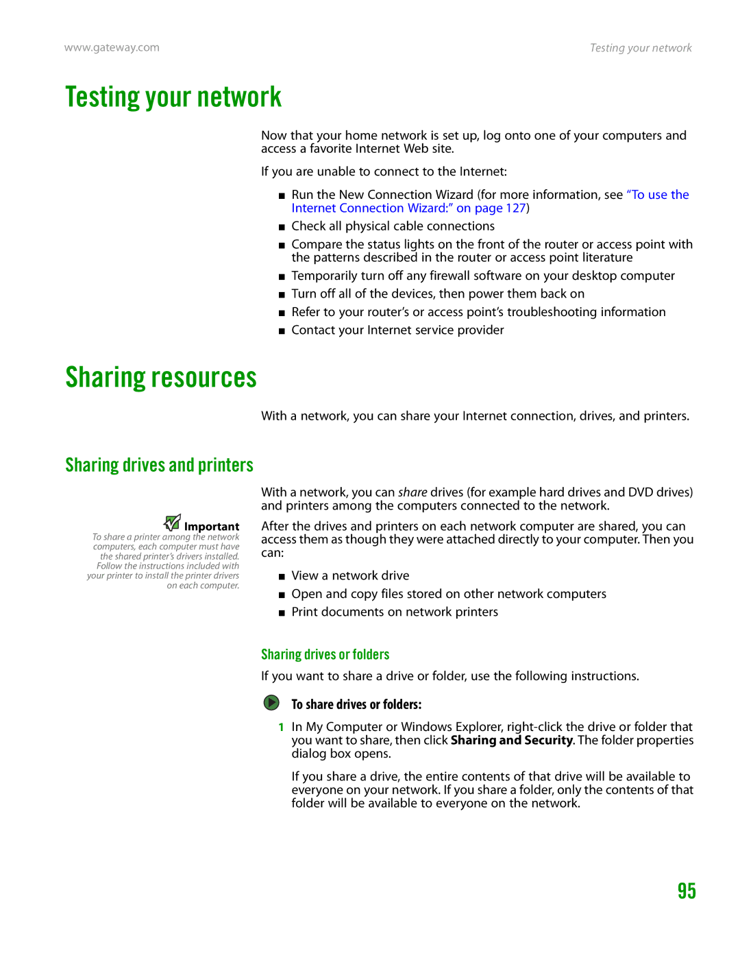 Gateway GT4015H manual Testing your network, Sharing resources, Sharing drives and printers, Sharing drives or folders 