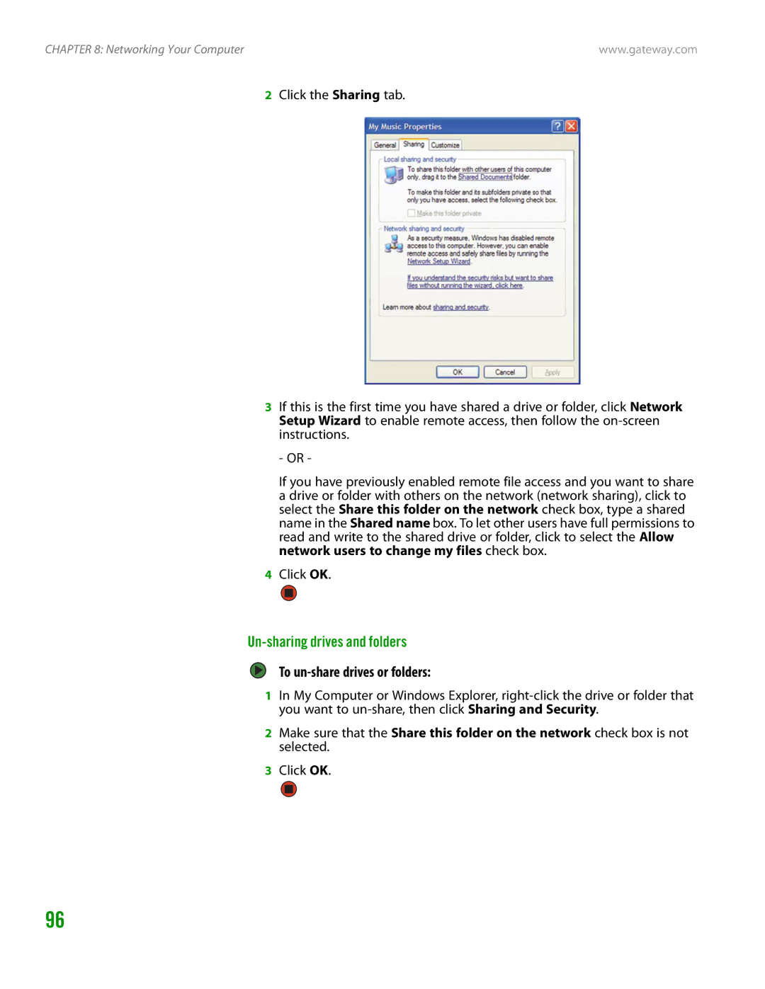 Gateway GT4015H manual Un-sharing drives and folders, To un-share drives or folders 