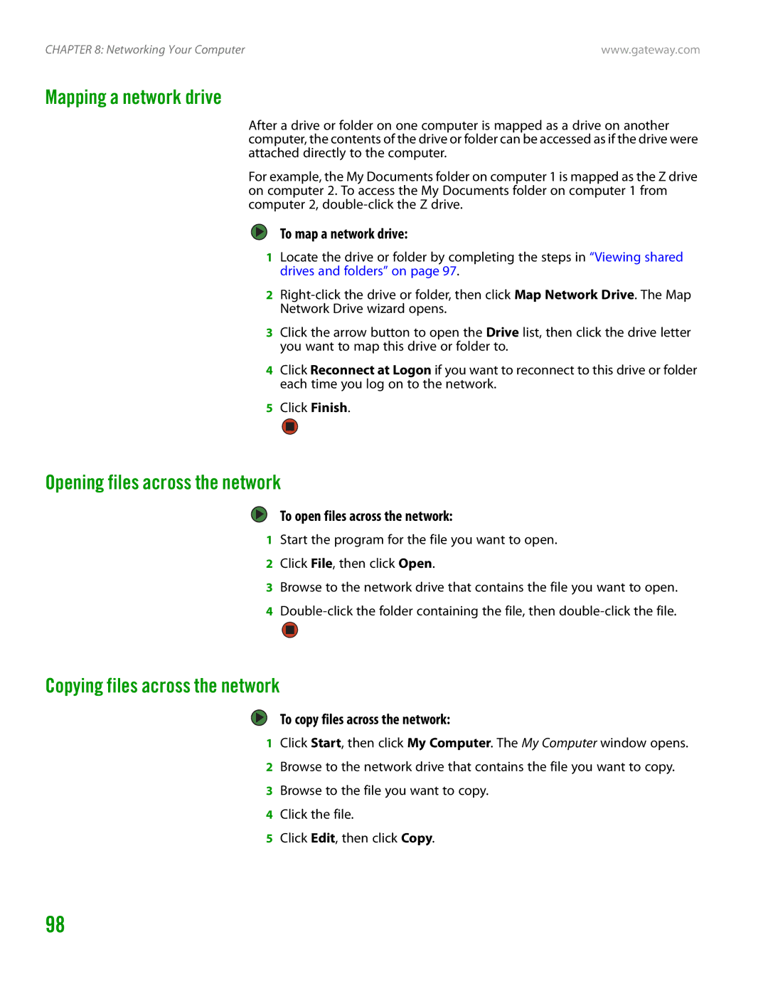 Gateway GT4015H manual Mapping a network drive, Opening files across the network, Copying files across the network 