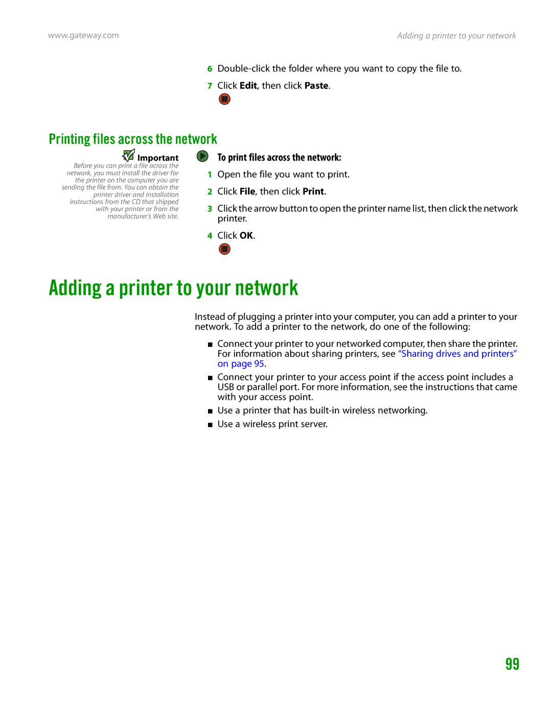 Gateway GT4015H Adding a printer to your network, Printing files across the network, To print files across the network 