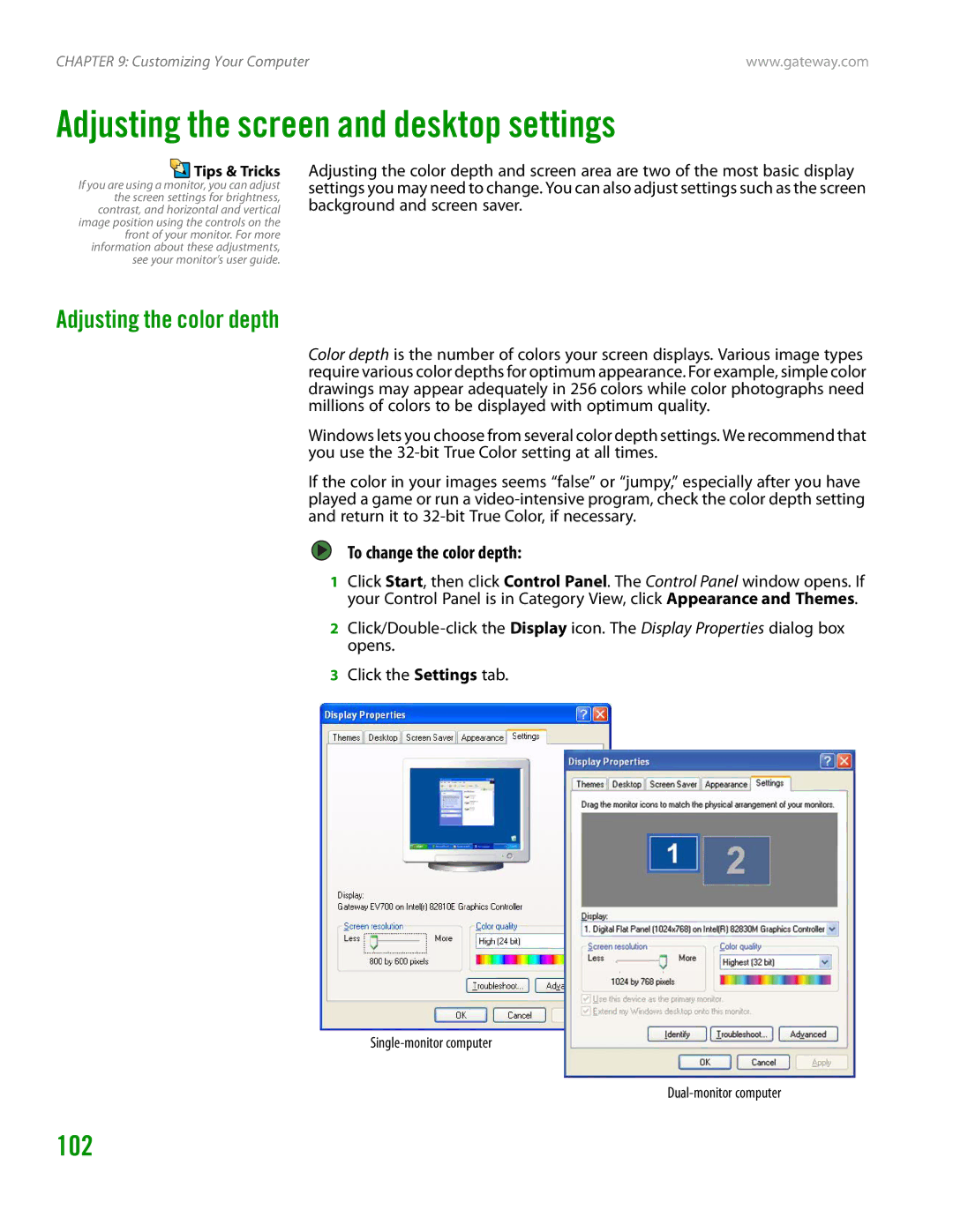 Gateway GT4015H manual Adjusting the screen and desktop settings, 102, Adjusting the color depth, To change the color depth 