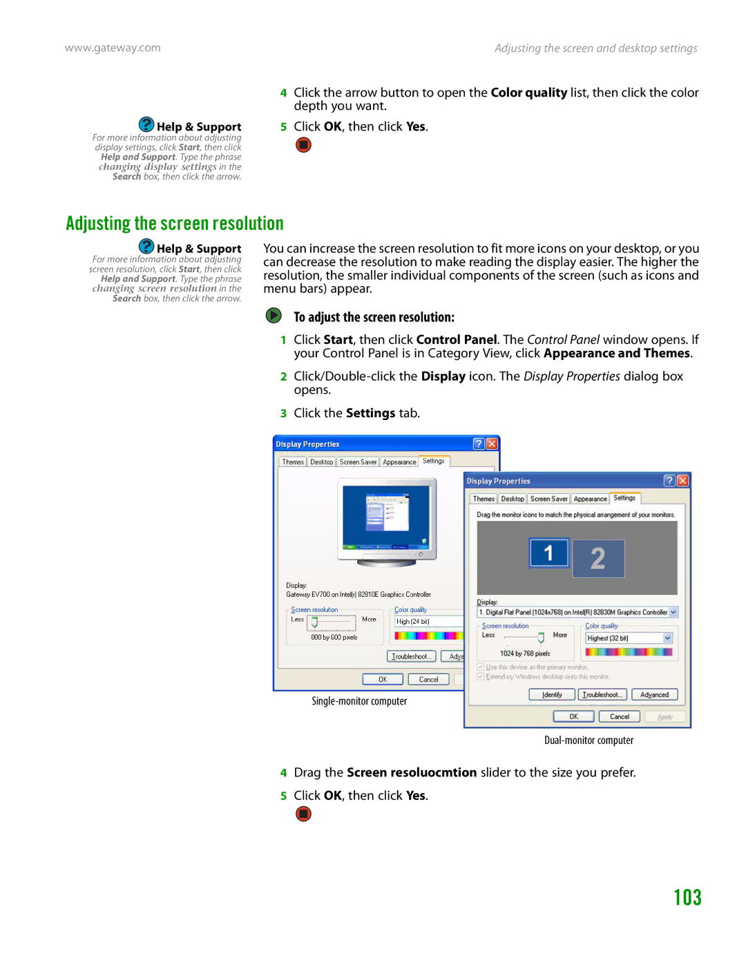 Gateway GT4015H manual 103, Adjusting the screen resolution, To adjust the screen resolution 