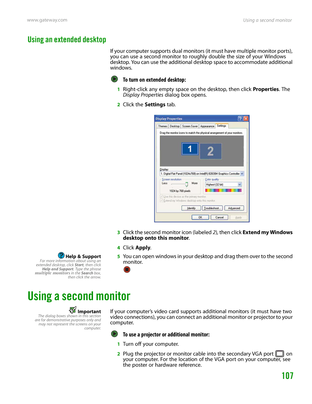 Gateway GT4015H manual Using a second monitor, 107, Using an extended desktop, To turn on extended desktop 