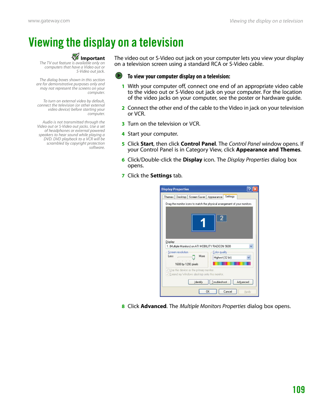 Gateway GT4015H manual Viewing the display on a television, 109, To view your computer display on a television 