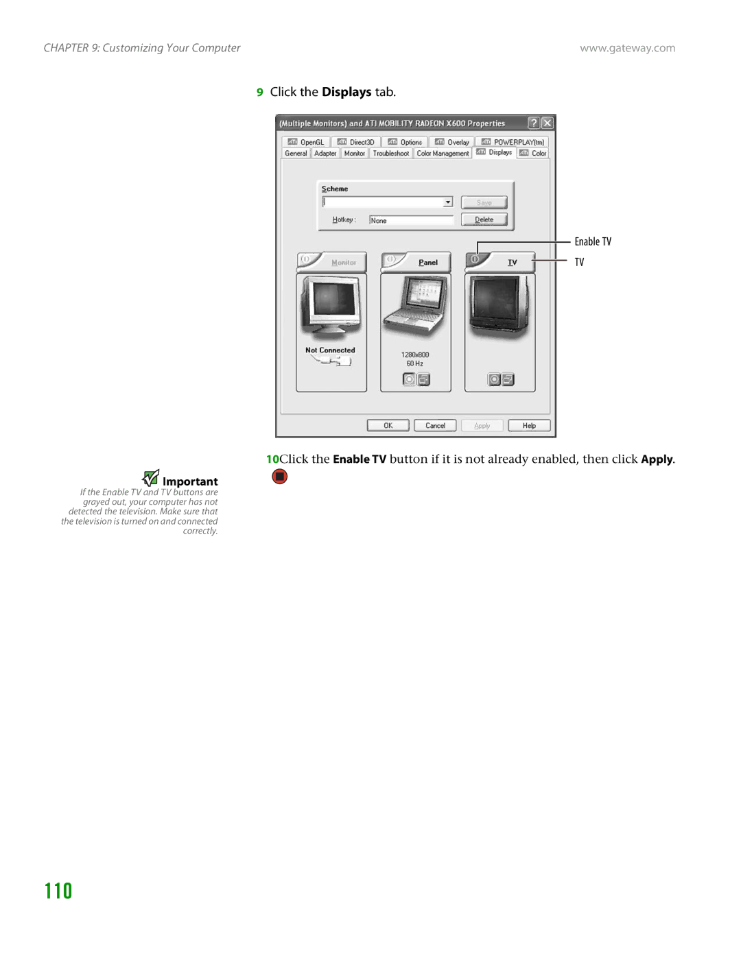 Gateway GT4015H manual 110, Click the Displays tab 