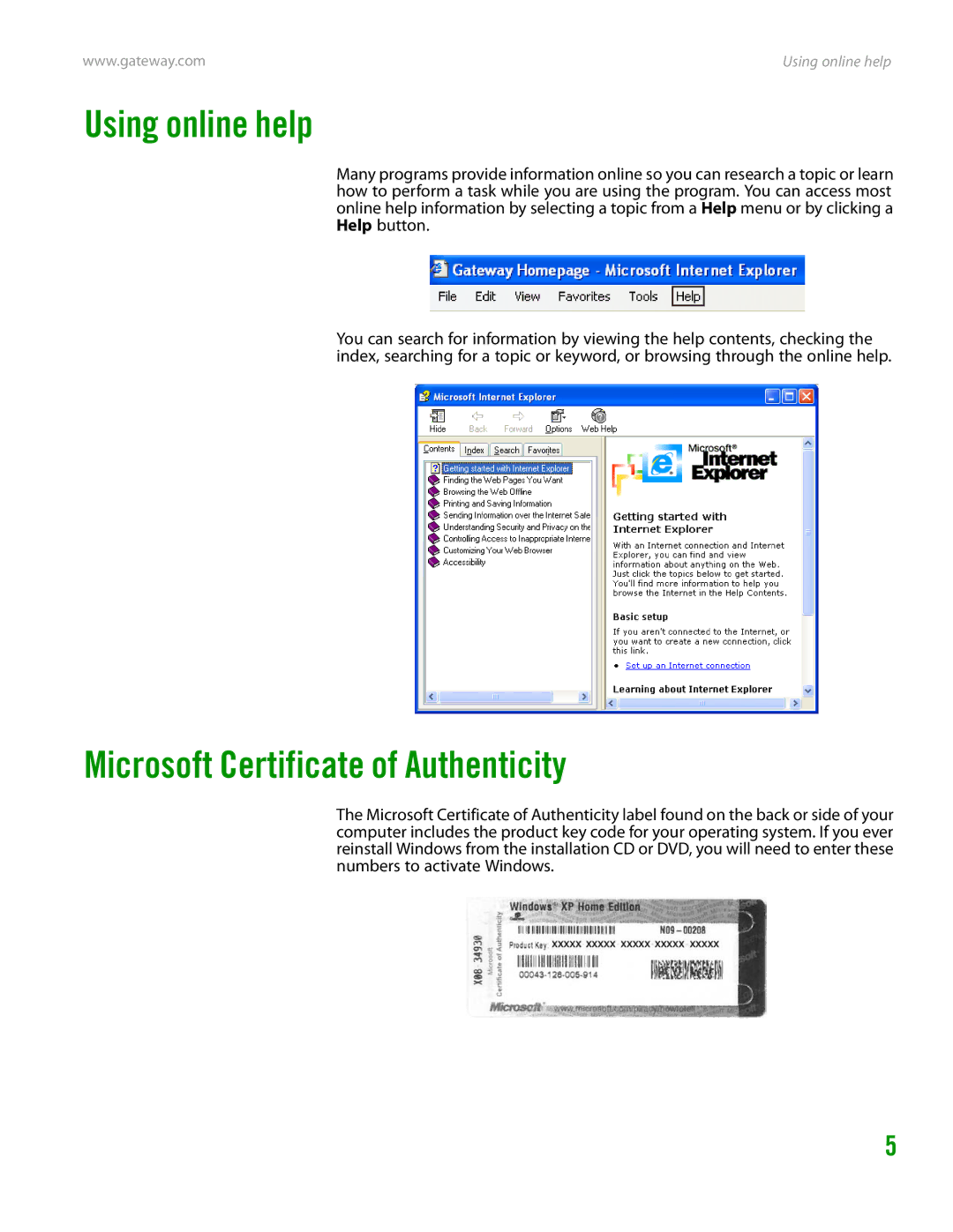 Gateway GT4015H manual Using online help, Microsoft Certificate of Authenticity 