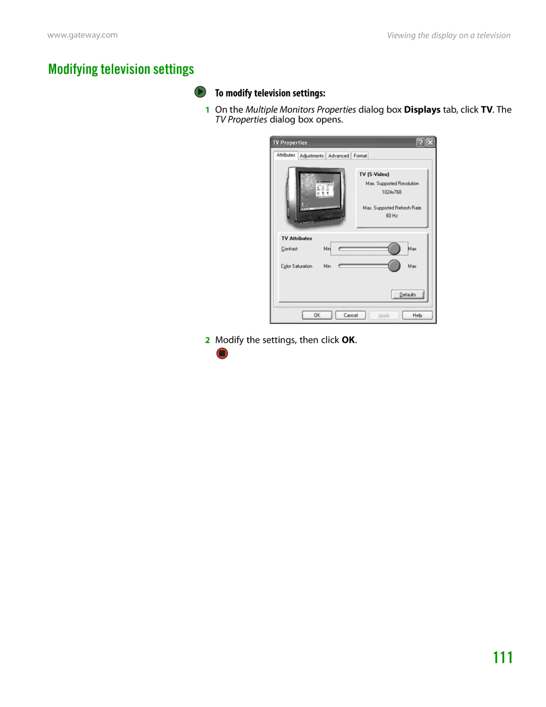 Gateway GT4015H manual 111, Modifying television settings, To modify television settings 