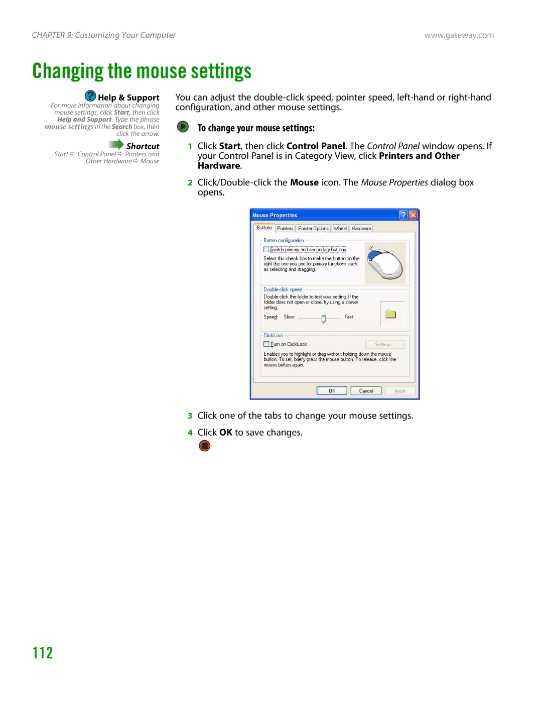 Gateway GT4015H manual Changing the mouse settings, 112, To change your mouse settings 