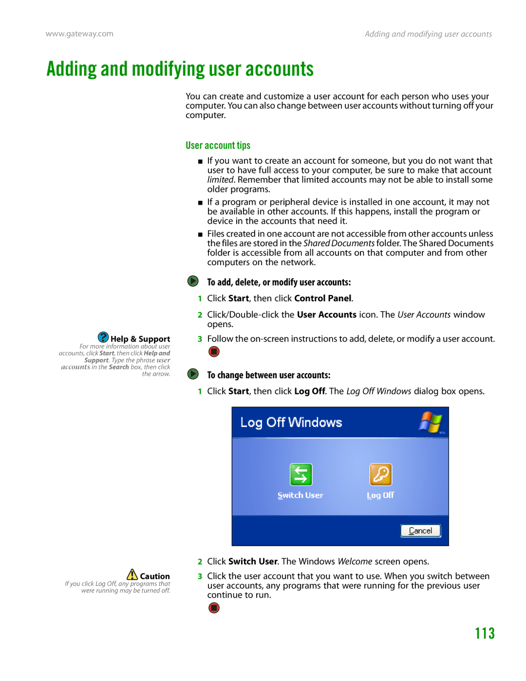 Gateway GT4015H manual Adding and modifying user accounts, 113, User account tips, To add, delete, or modify user accounts 