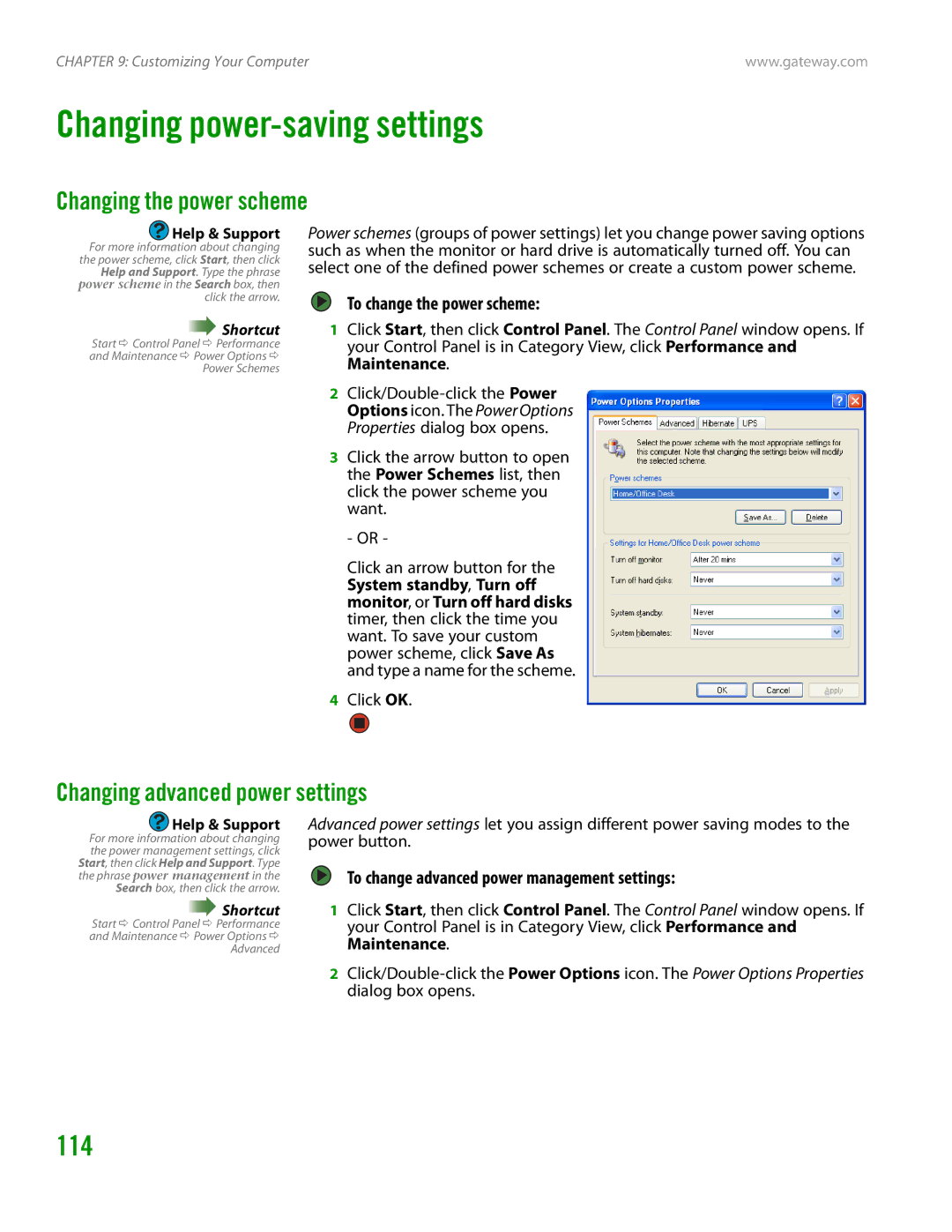 Gateway GT4015H manual Changing power-saving settings, 114, Changing the power scheme, Changing advanced power settings 