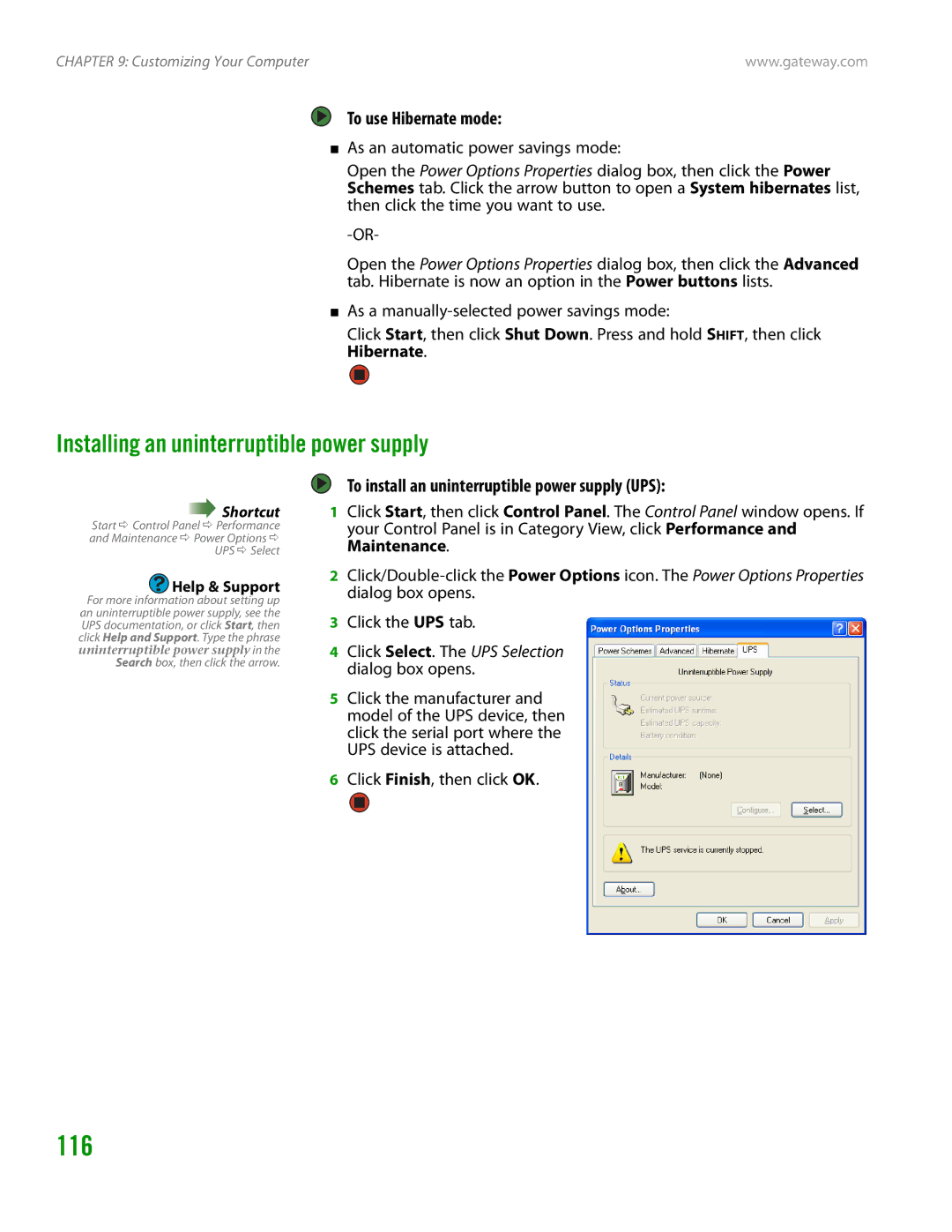 Gateway GT4015H manual 116, Installing an uninterruptible power supply, To use Hibernate mode, Click Finish, then click OK 