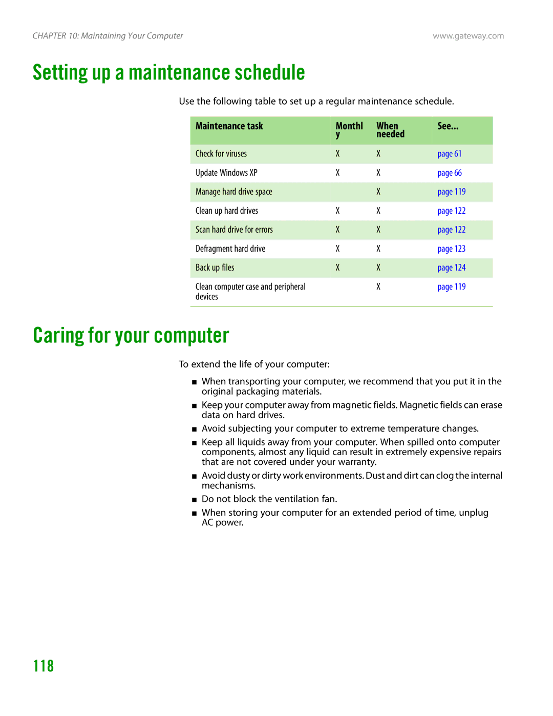 Gateway GT4015H Setting up a maintenance schedule, Caring for your computer, 118, Maintenance task Monthl When See Needed 