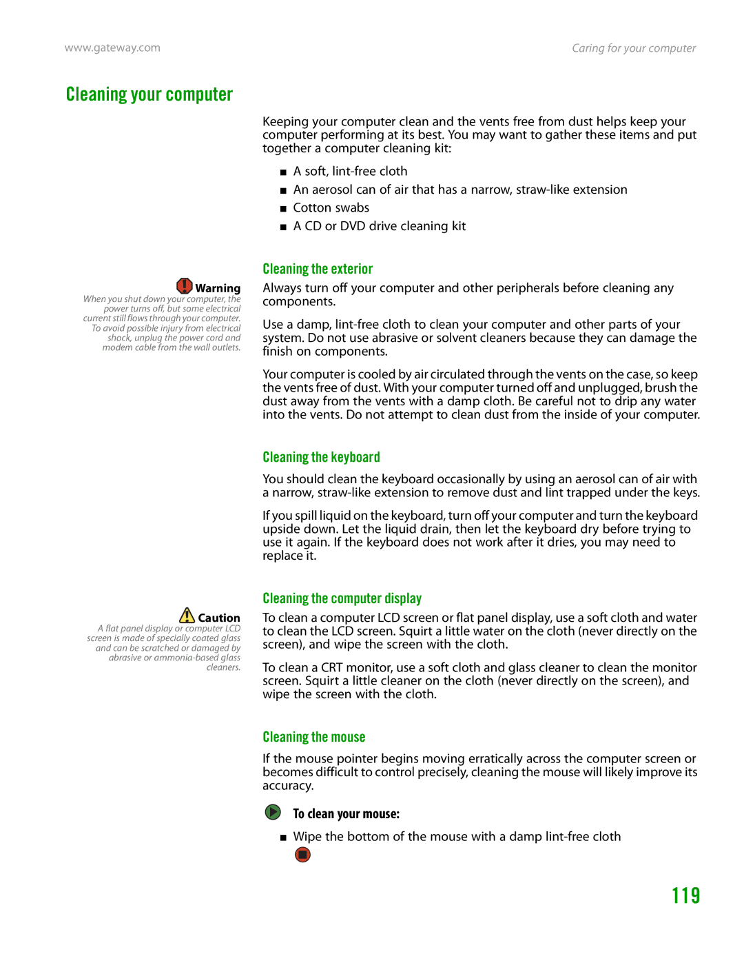 Gateway GT4015H manual 119, Cleaning your computer 