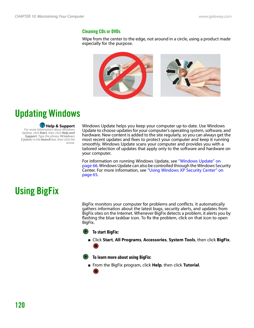 Gateway GT4015H manual Updating Windows, Using BigFix, 120, Cleaning CDs or DVDs 