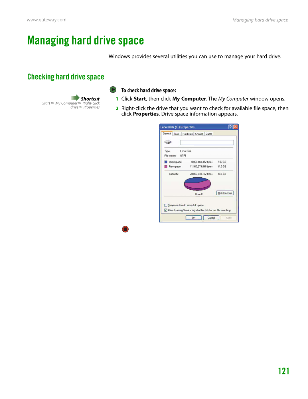 Gateway GT4015H manual Managing hard drive space, 121, To check hard drive space 