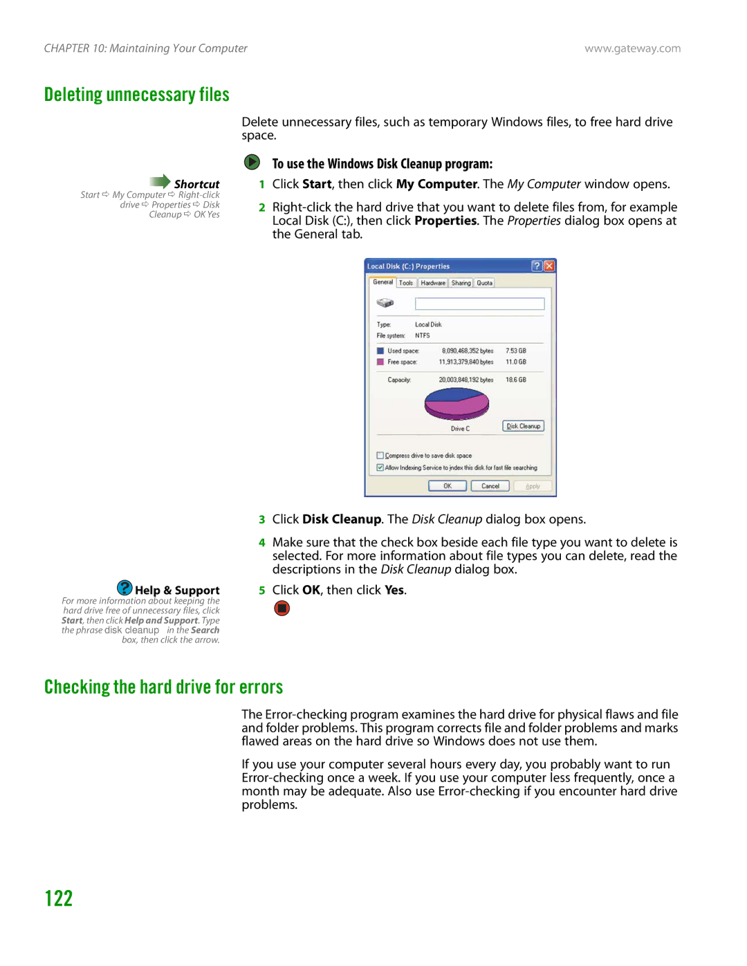 Gateway GT4015H manual 122, Deleting unnecessary files, Checking the hard drive for errors 