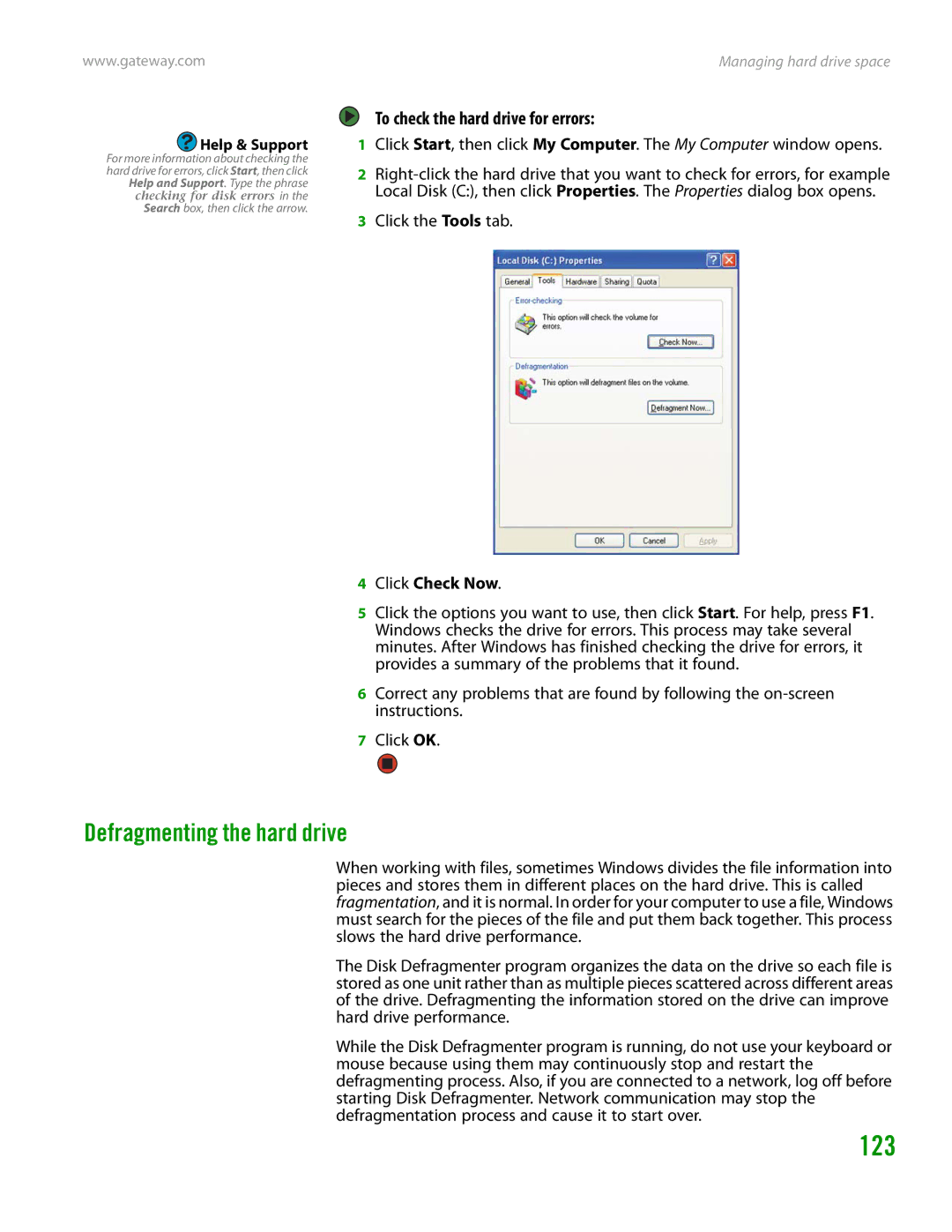 Gateway GT4015H manual 123, Defragmenting the hard drive, To check the hard drive for errors, Click the Tools tab 