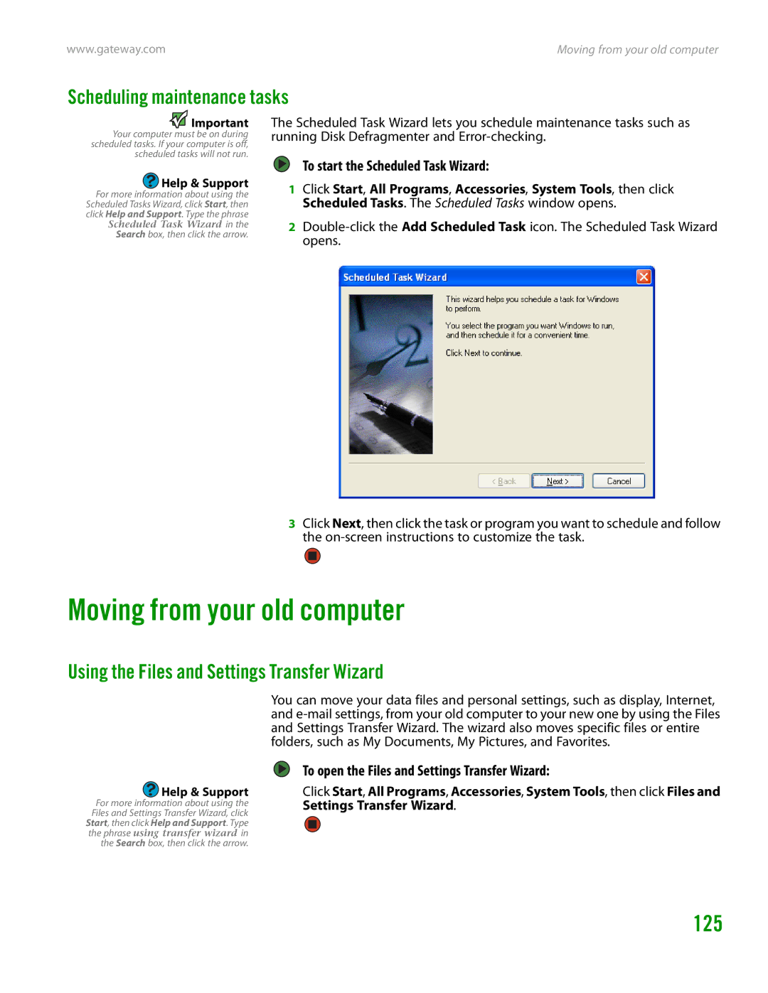 Gateway GT4015H manual Moving from your old computer, 125, Scheduling maintenance tasks 