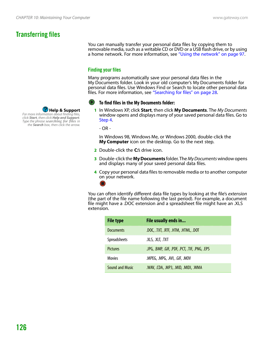 Gateway GT4015H manual 126, Transferring files, Finding your files, To find files in the My Documents folder 