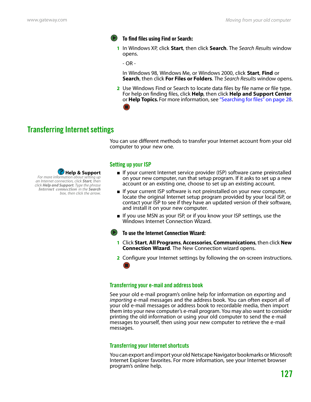 Gateway GT4015H manual 127, Transferring Internet settings, Setting up your ISP, Transferring your e-mail and address book 