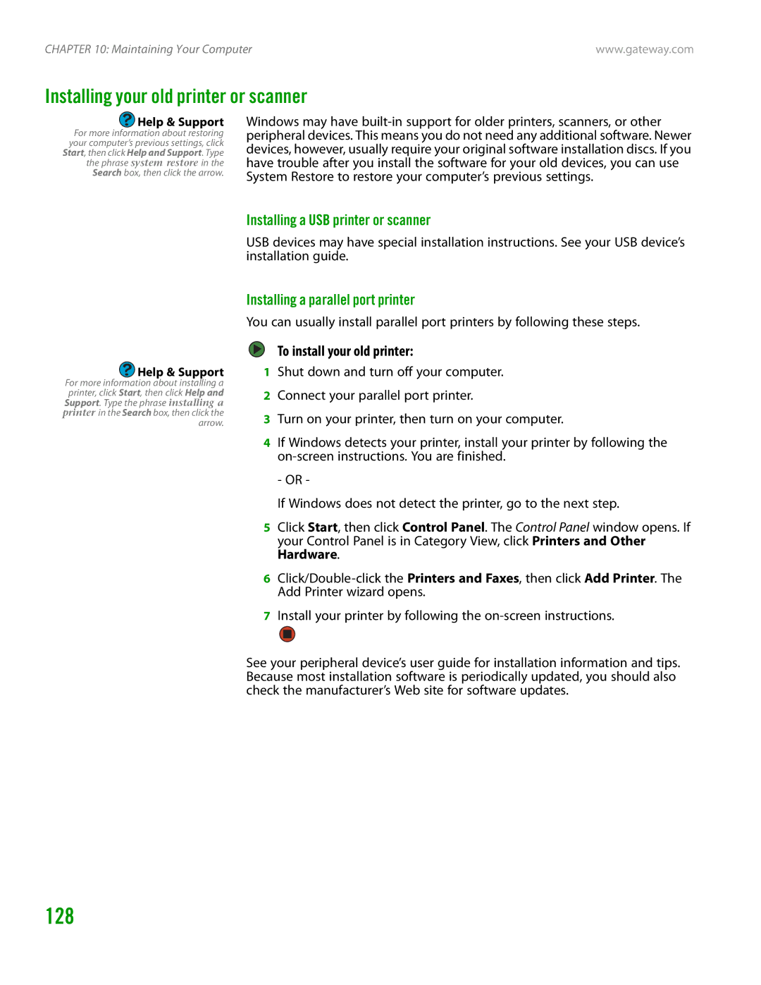 Gateway GT4015H manual 128, Installing your old printer or scanner, Installing a USB printer or scanner 