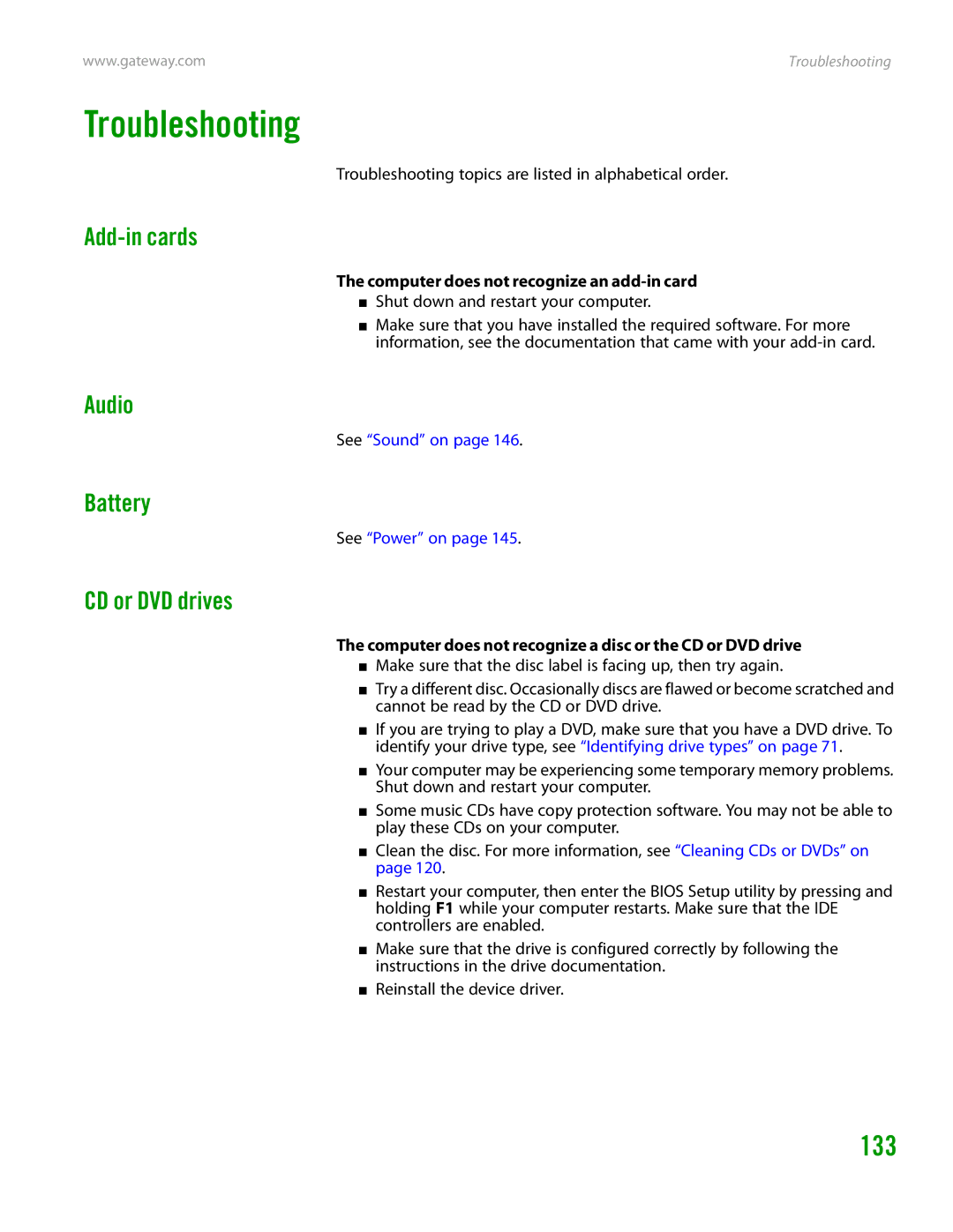 Gateway GT4015H manual Troubleshooting, 133 