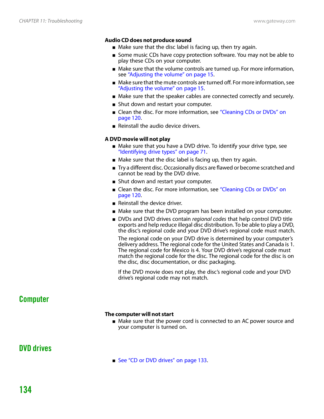 Gateway GT4015H manual 134, Computer, DVD drives 