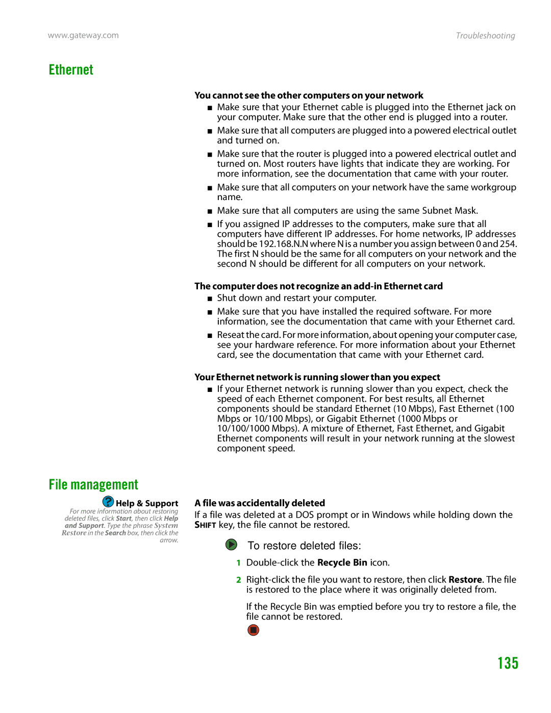 Gateway GT4015H manual 135, Ethernet File management, To restore deleted files 