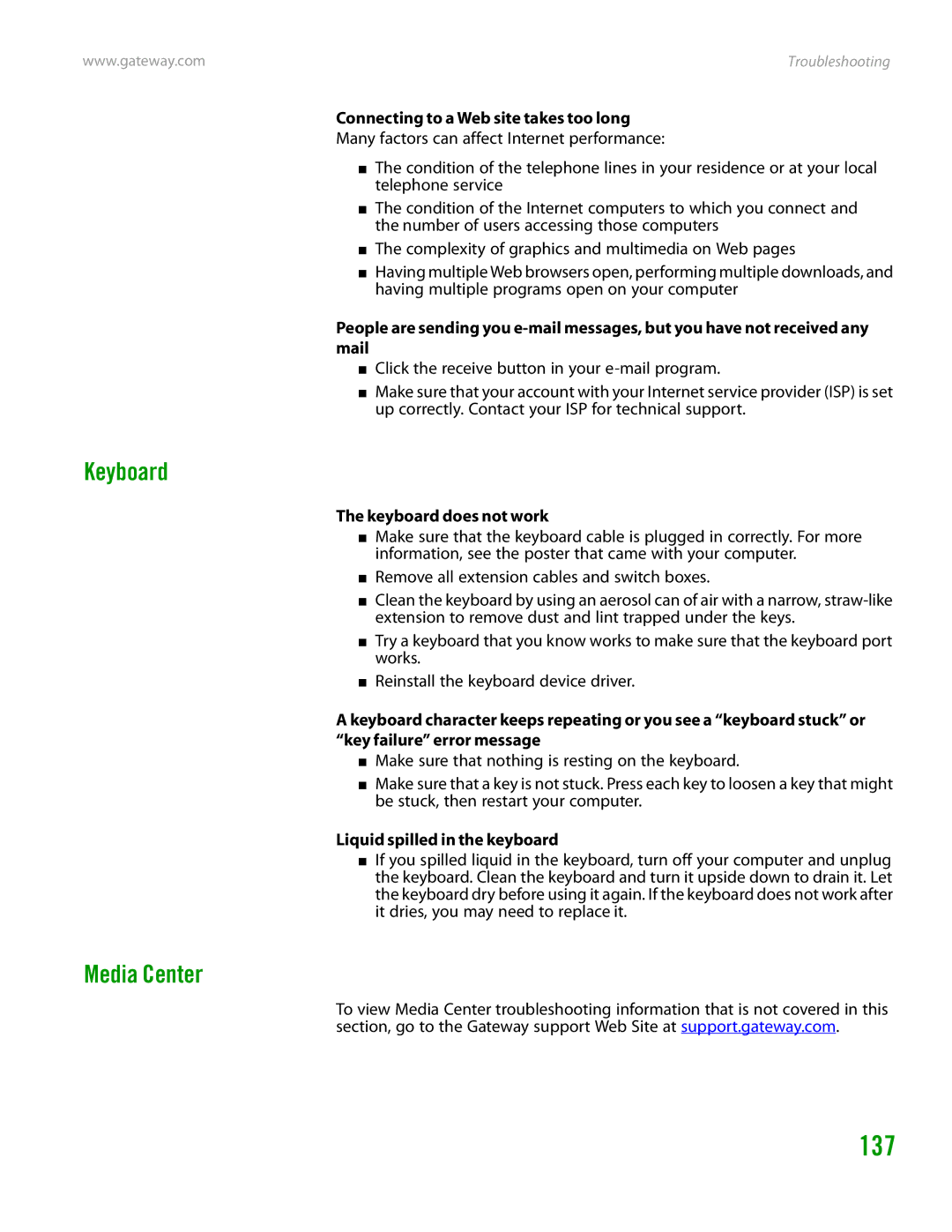 Gateway GT4015H manual 137, Keyboard Media Center, Connecting to a Web site takes too long, Keyboard does not work 