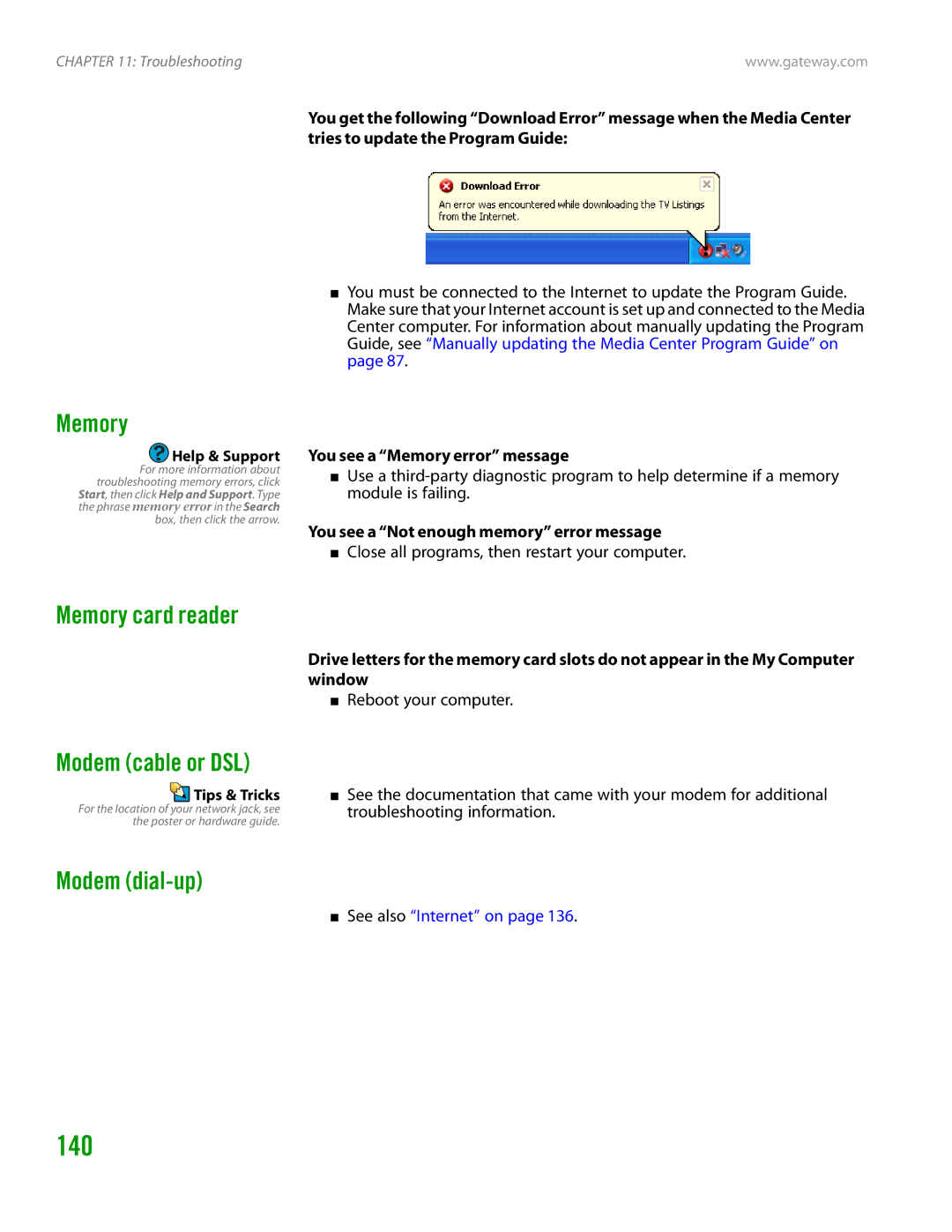 Gateway GT4015H manual 140, Memory card reader, Modem cable or DSL, Modem dial-up 