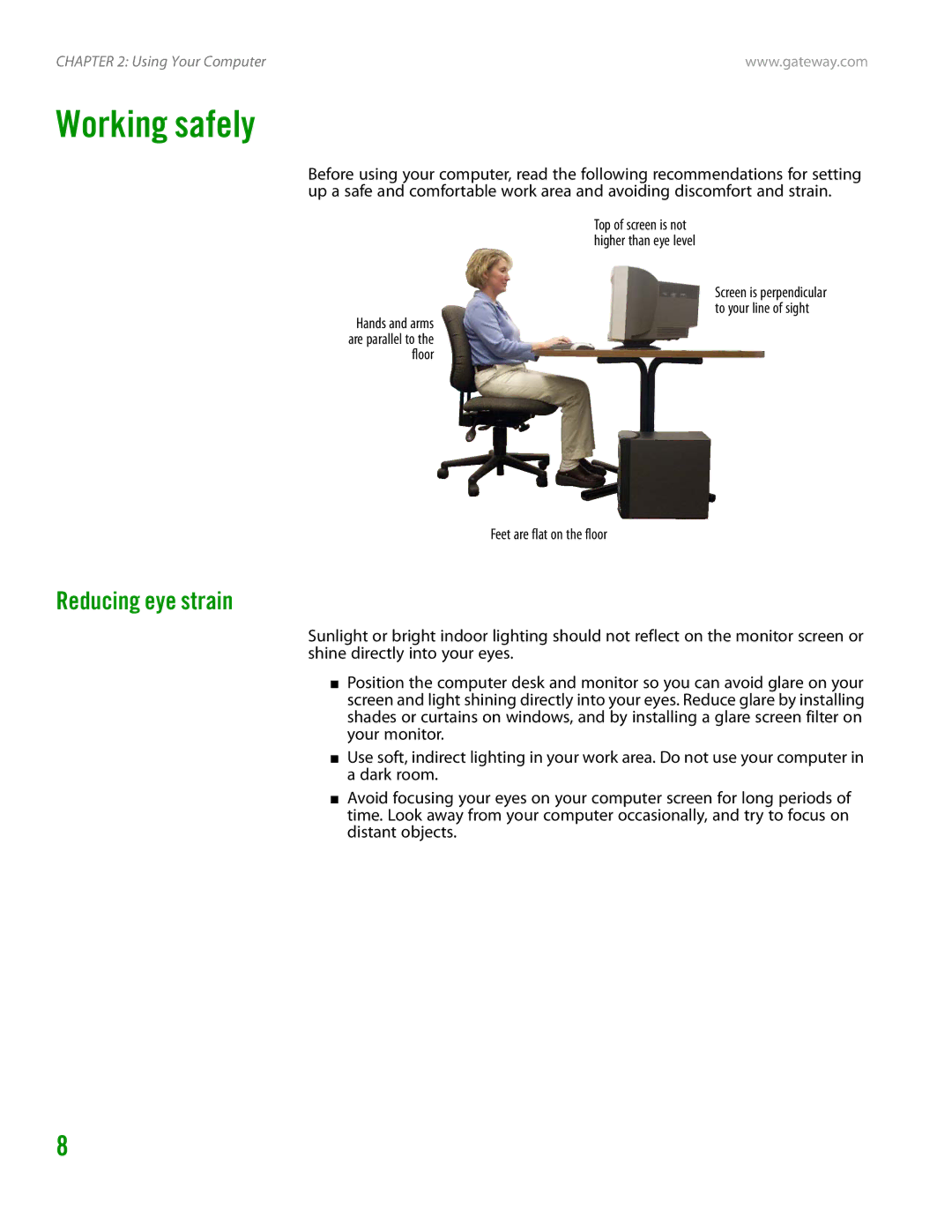 Gateway GT4015H manual Working safely, Reducing eye strain 