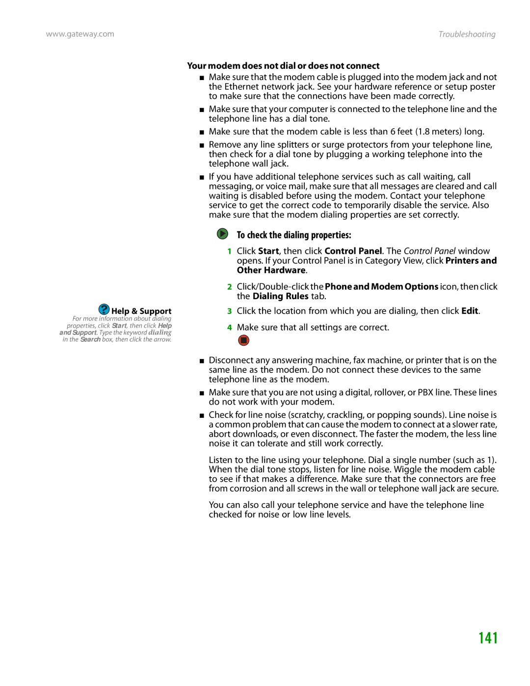 Gateway GT4015H manual 141, To check the dialing properties, Your modem does not dial or does not connect 