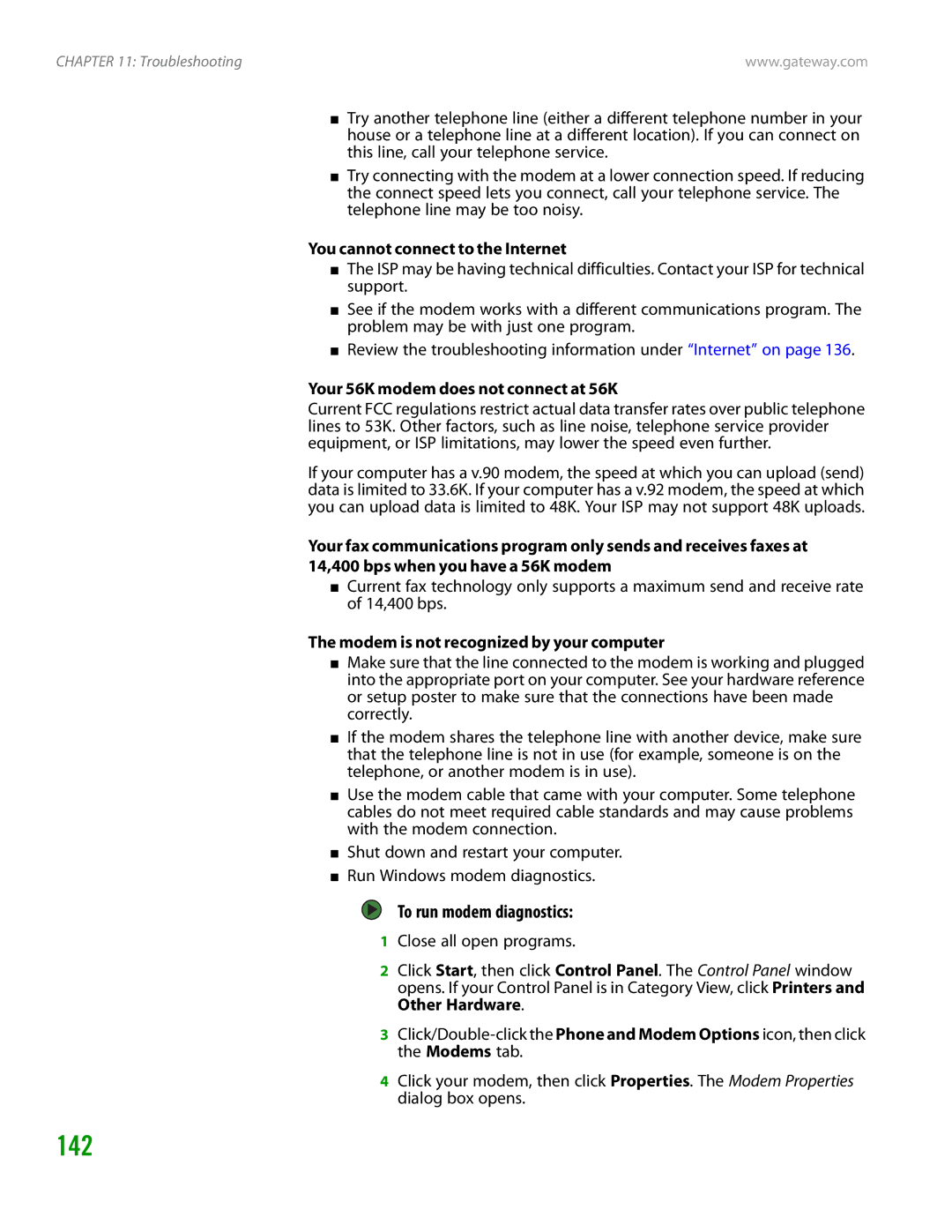 Gateway GT4015H manual 142, To run modem diagnostics, Your 56K modem does not connect at 56K 