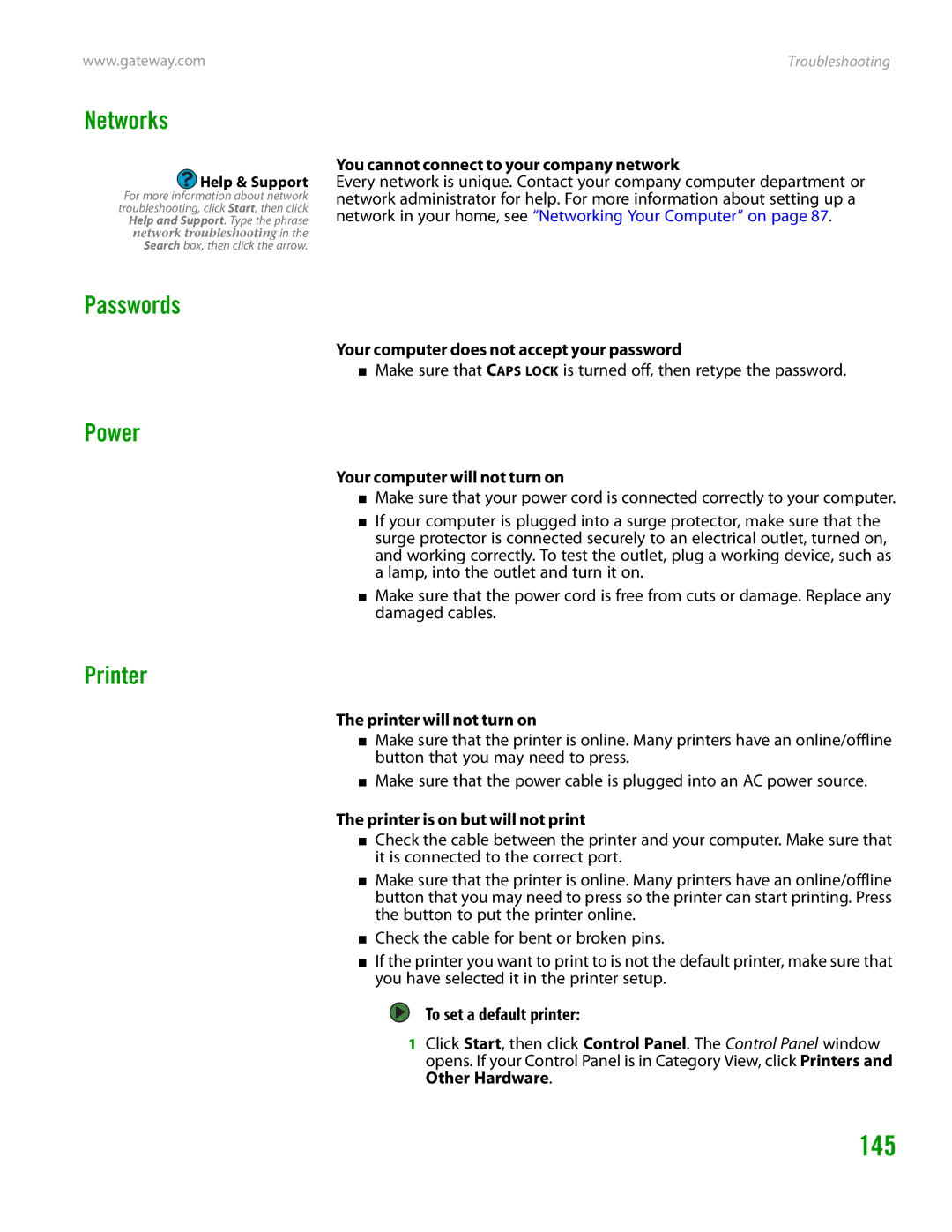 Gateway GT4015H manual 145, Networks, Passwords, Power, Printer 