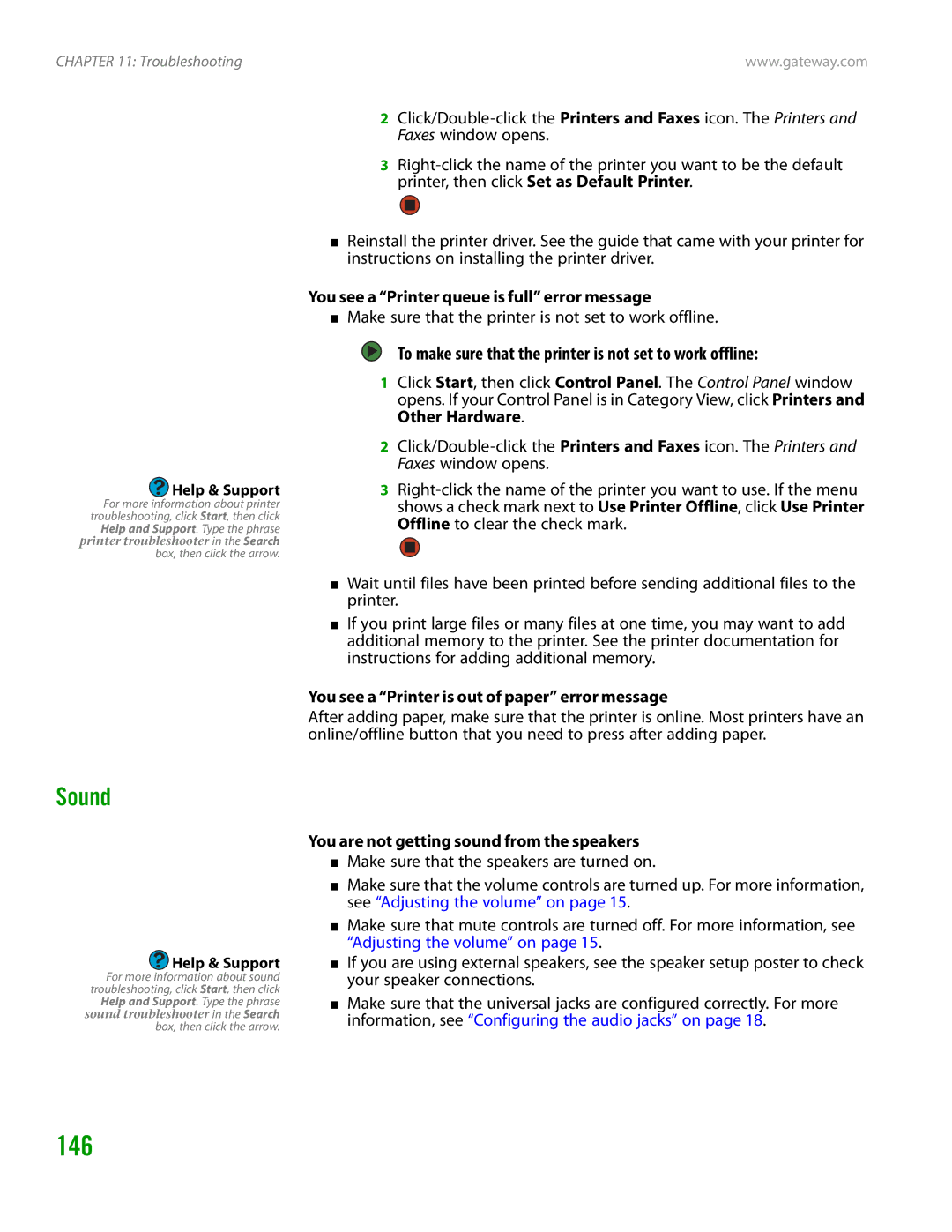 Gateway GT4015H manual 146, Sound, To make sure that the printer is not set to work offline 