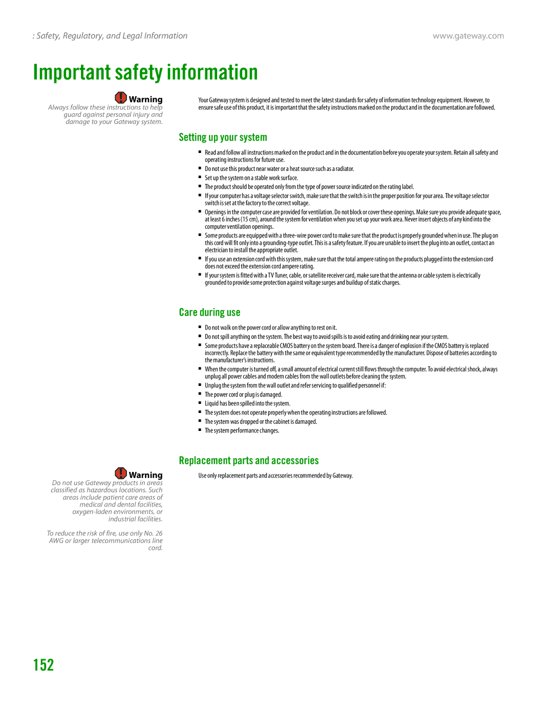 Gateway GT4015H manual Important safety information, 152, Setting up your system, Care during use 