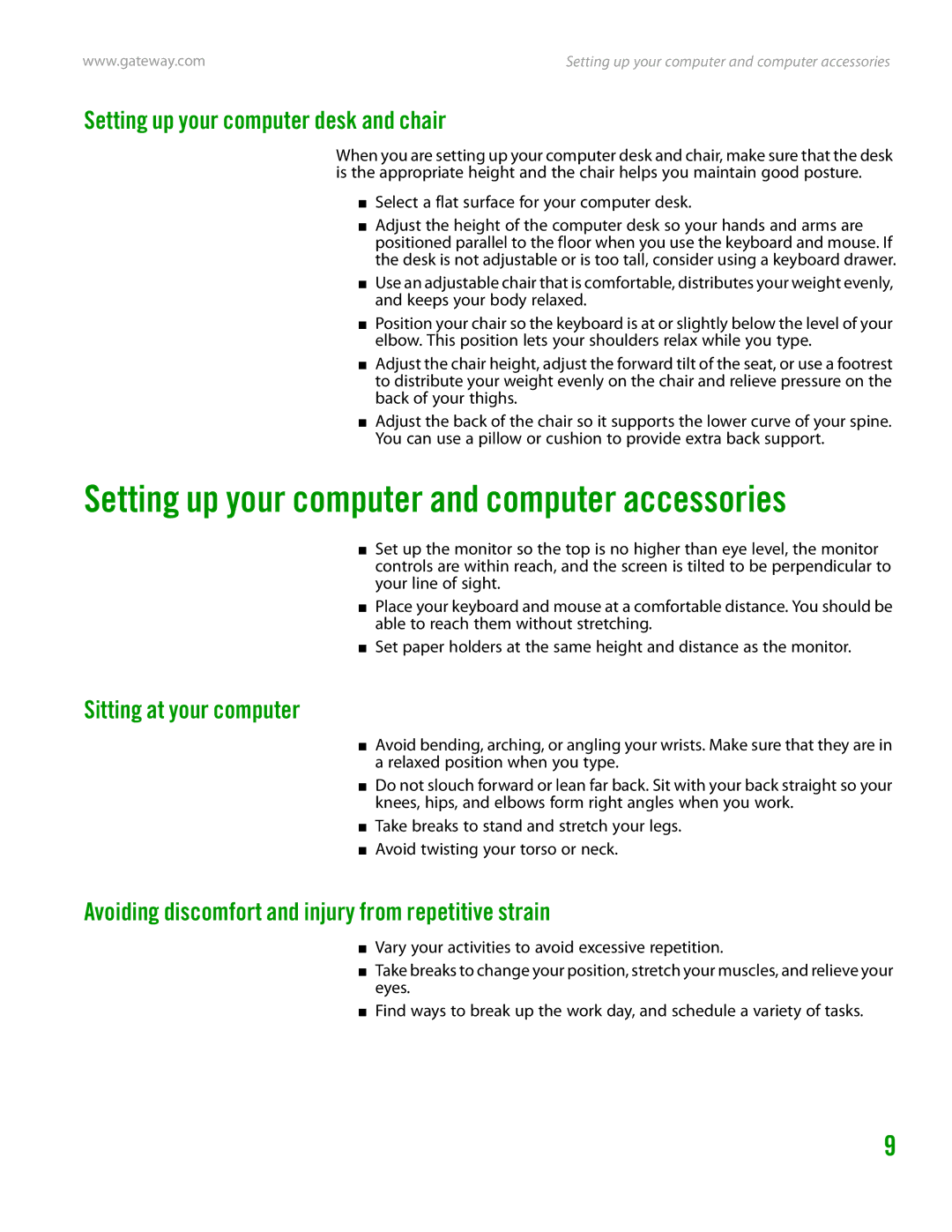 Gateway GT4015H manual Setting up your computer desk and chair, Sitting at your computer 