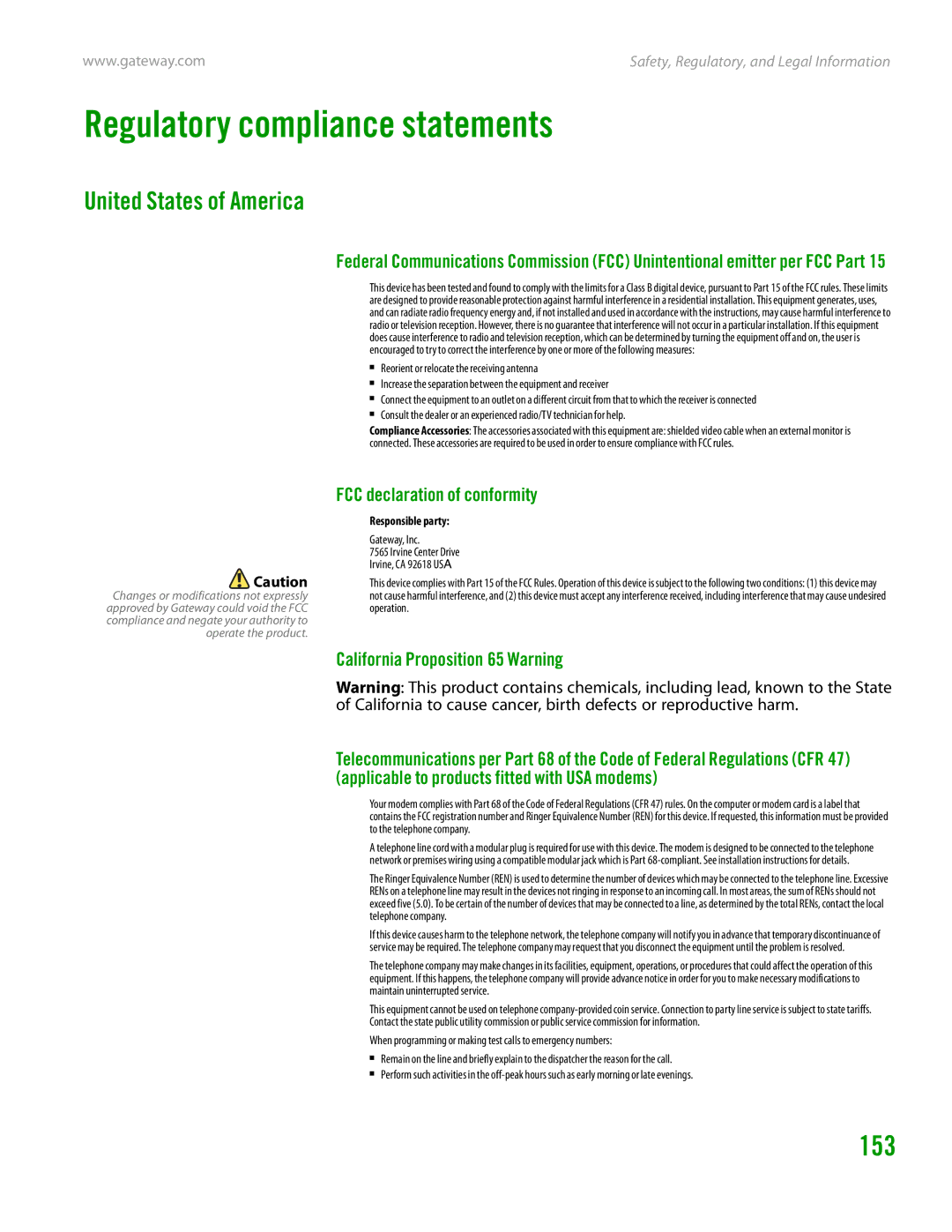 Gateway GT4015H manual Regulatory compliance statements, 153, United States of America, FCC declaration of conformity 