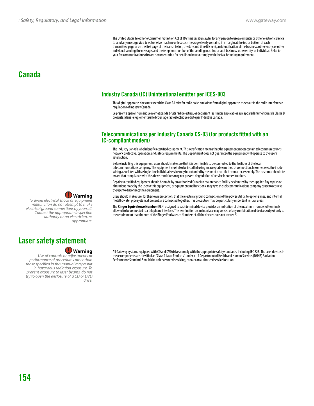 Gateway GT4015H manual 154, Industry Canada IC Unintentional emitter per ICES-003 