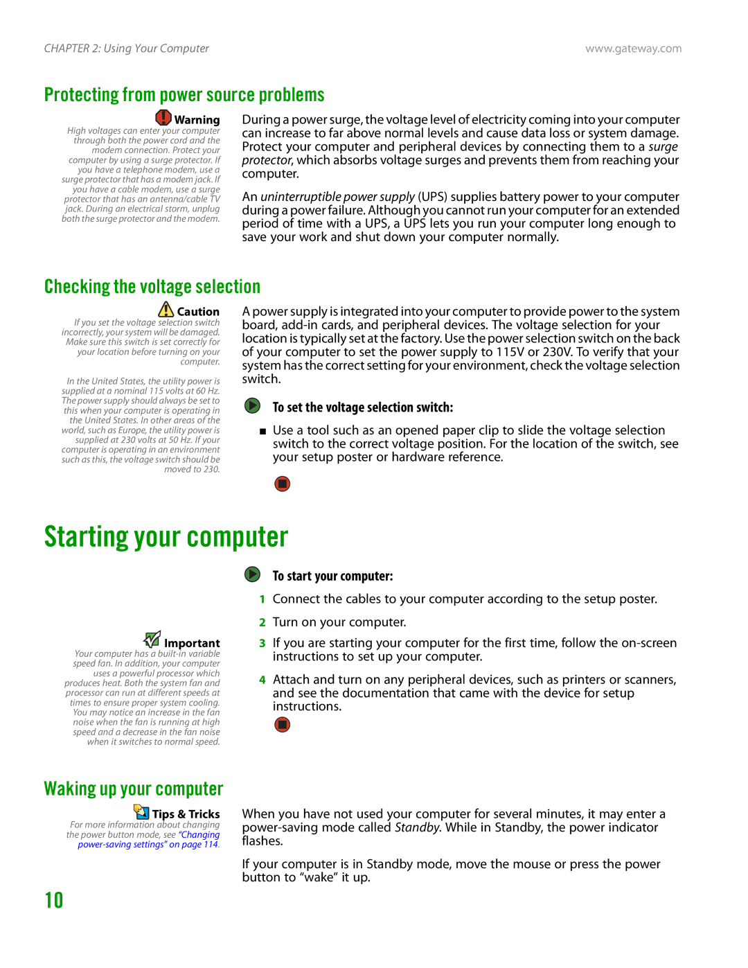 Gateway GT4015H manual Starting your computer, Protecting from power source problems, Checking the voltage selection 