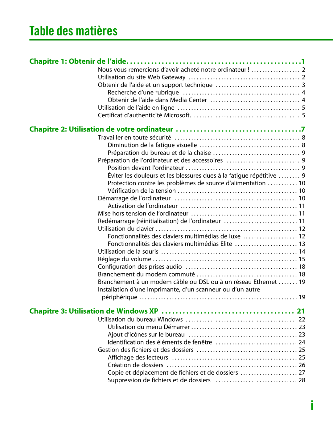 Gateway GT4015H manual Table des matières, Chapitre 1 Obtenir de l’aide 